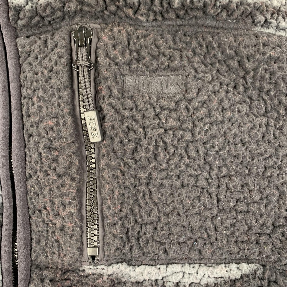 PINK Victoria's Secret Jacket Womens XS‎ Gray Black Sherpa Fleece Full Zip Zebra - Picture 3 of 15